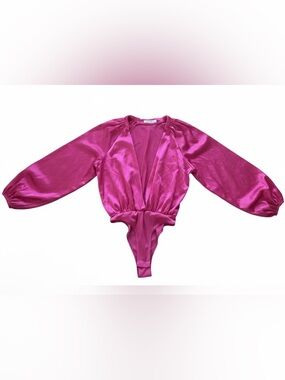 Rivir Fuchsia Pink Satin Deep V Bodysuit Size Small
